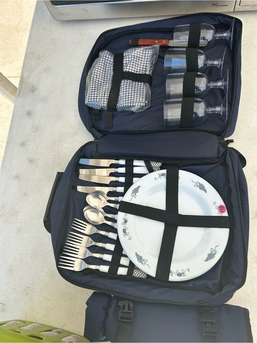 Portable Navy Picnic Dining Set with Cutlery and Glasses